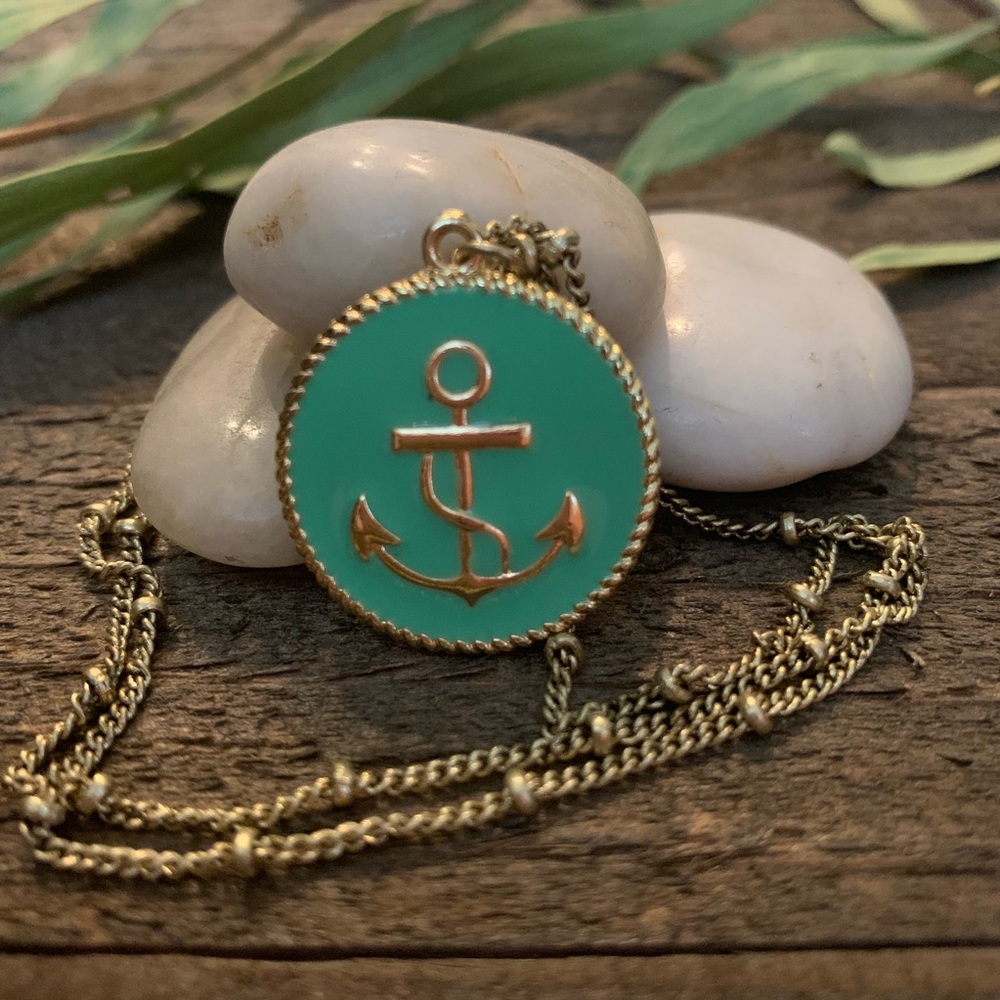 Teal and Gold Nautical Anchor Necklace